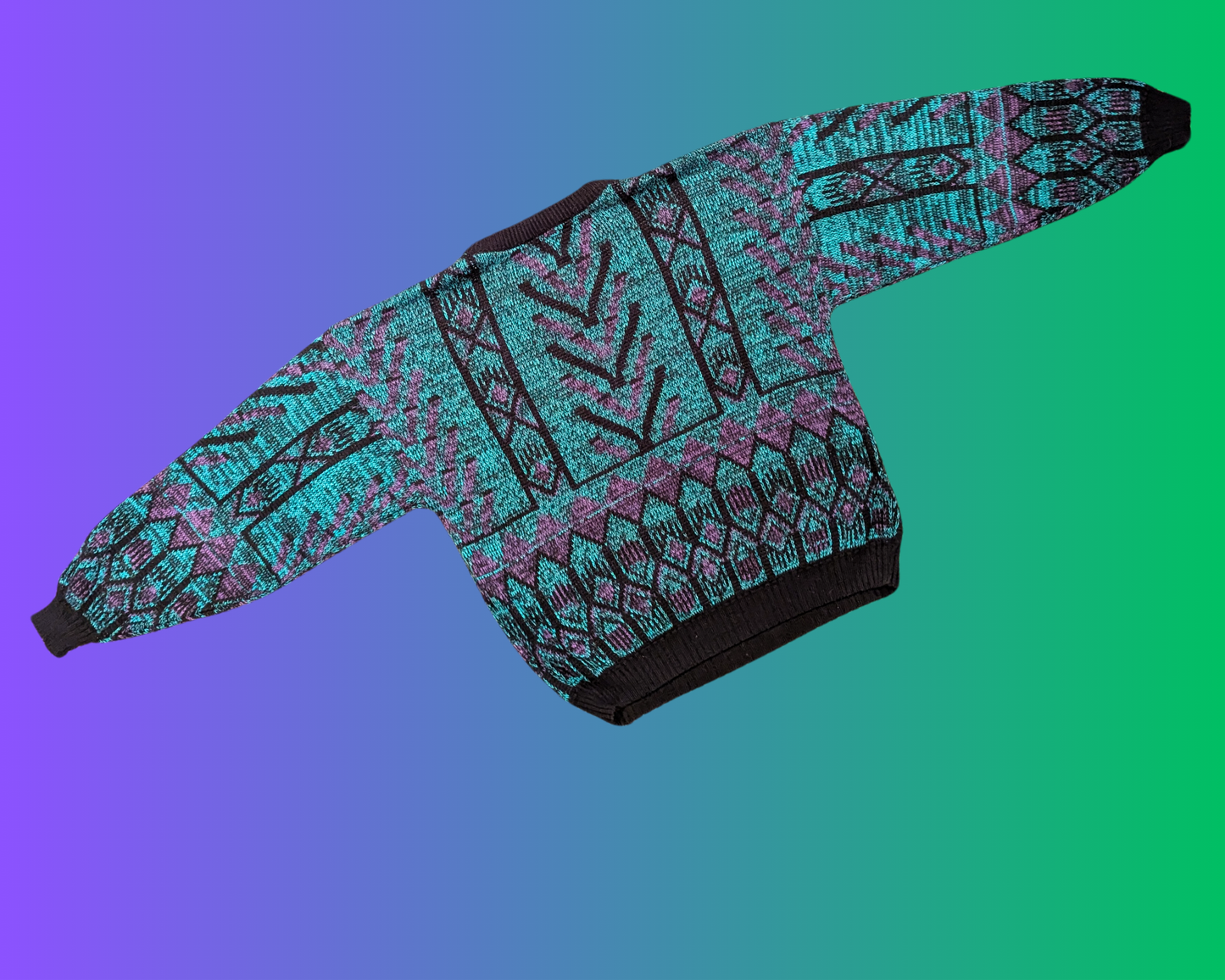 Vintage 1990's FYI Private Stock Green & Purple Knit Sweater Size XL