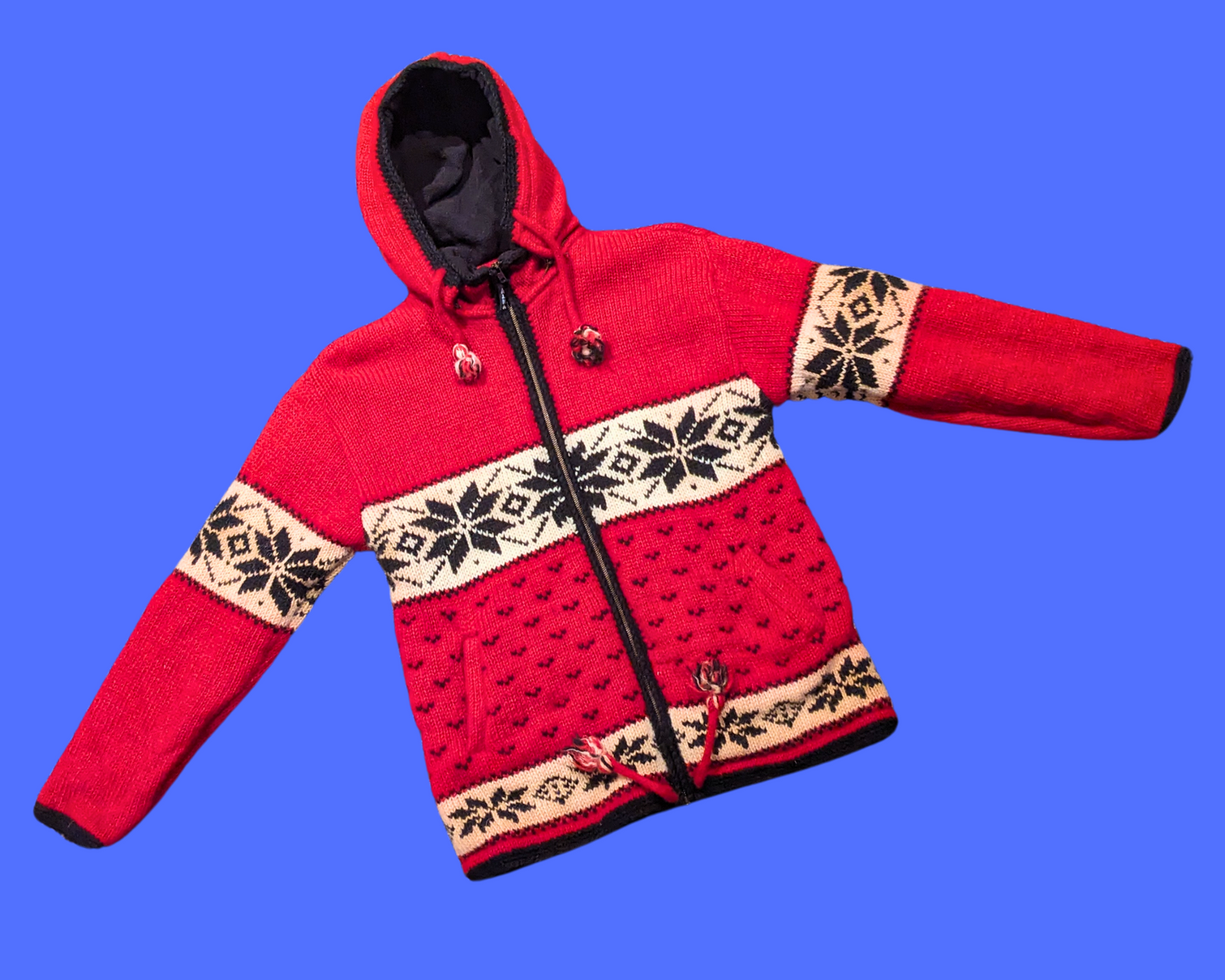 Vintage 1990's Handmade Alma Wool Knit Red and White Snow Flakes Hoodie Jacket Size L