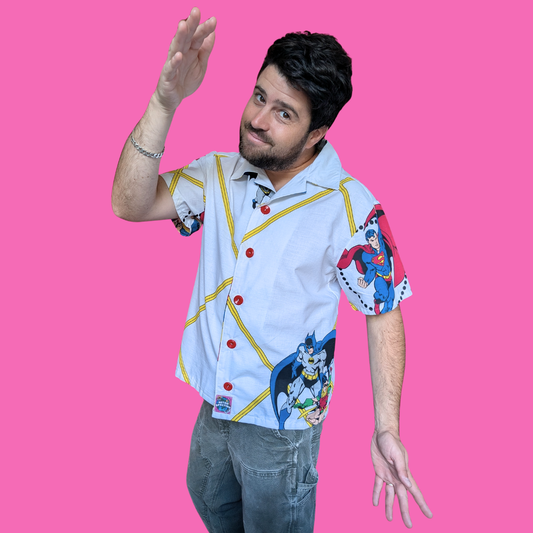 Handmade, Upcycled DC Comics Superheros Bedsheet Button Down Shirt Size M