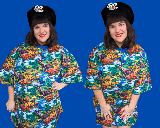 Handmade, Upcycled Dinosaurs Curtains T-Shirt Oversized XL