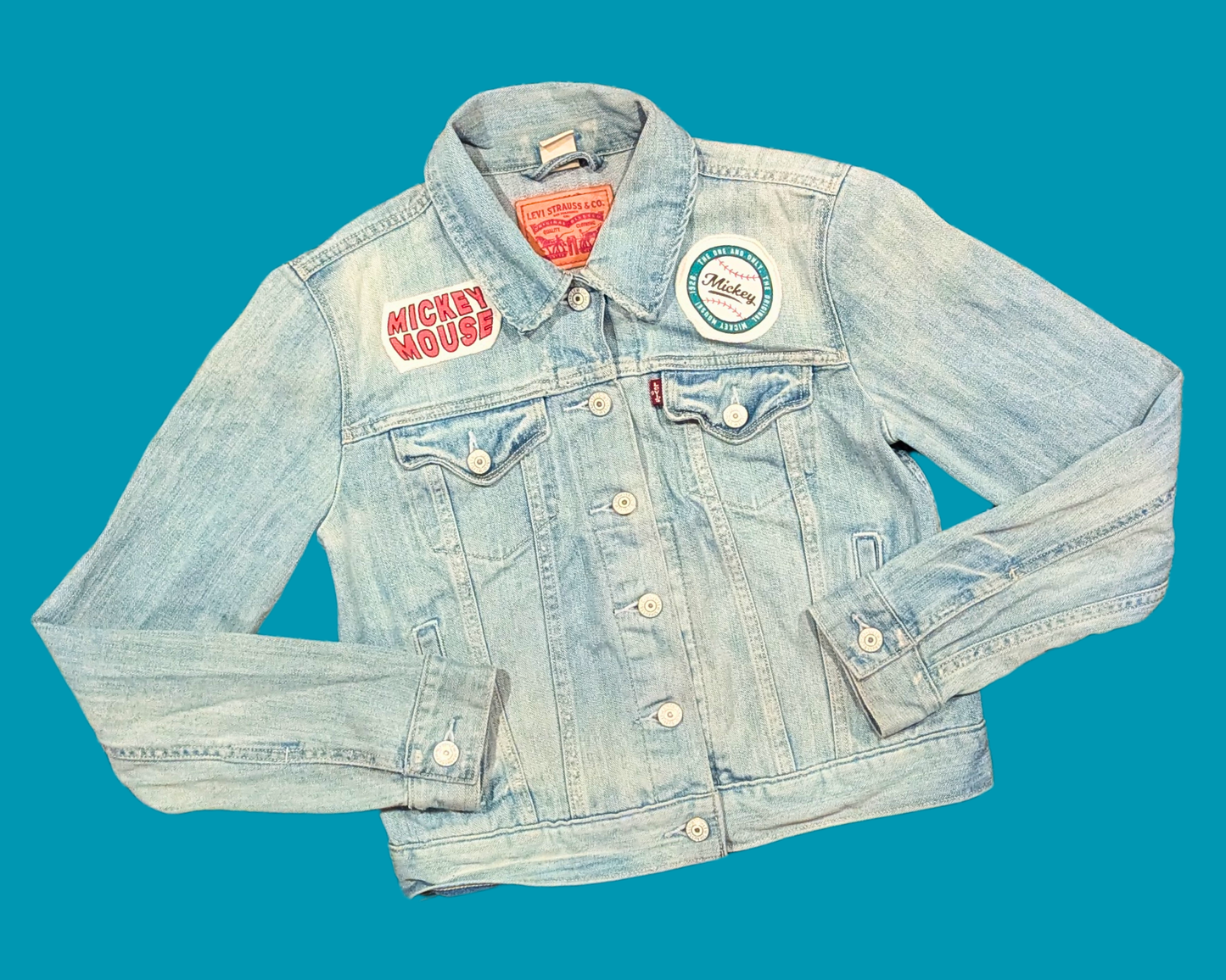 Handmade, Upcycled Denim Jacket with a Mickey Mouse Sweater Size M for Women