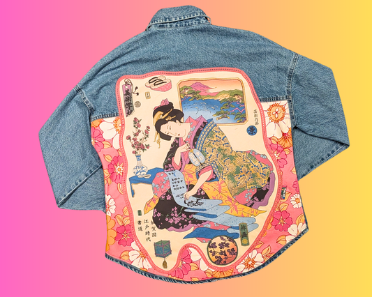 Veste en jean japonaise Geisha recyclée et faite à la main, taille M