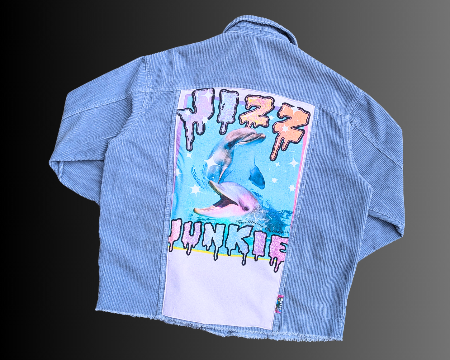 Handmade, Upcycled Blue Corduroy Jizz Junkie, Teen Hearts Clothing Co.Denim Jacket Size L