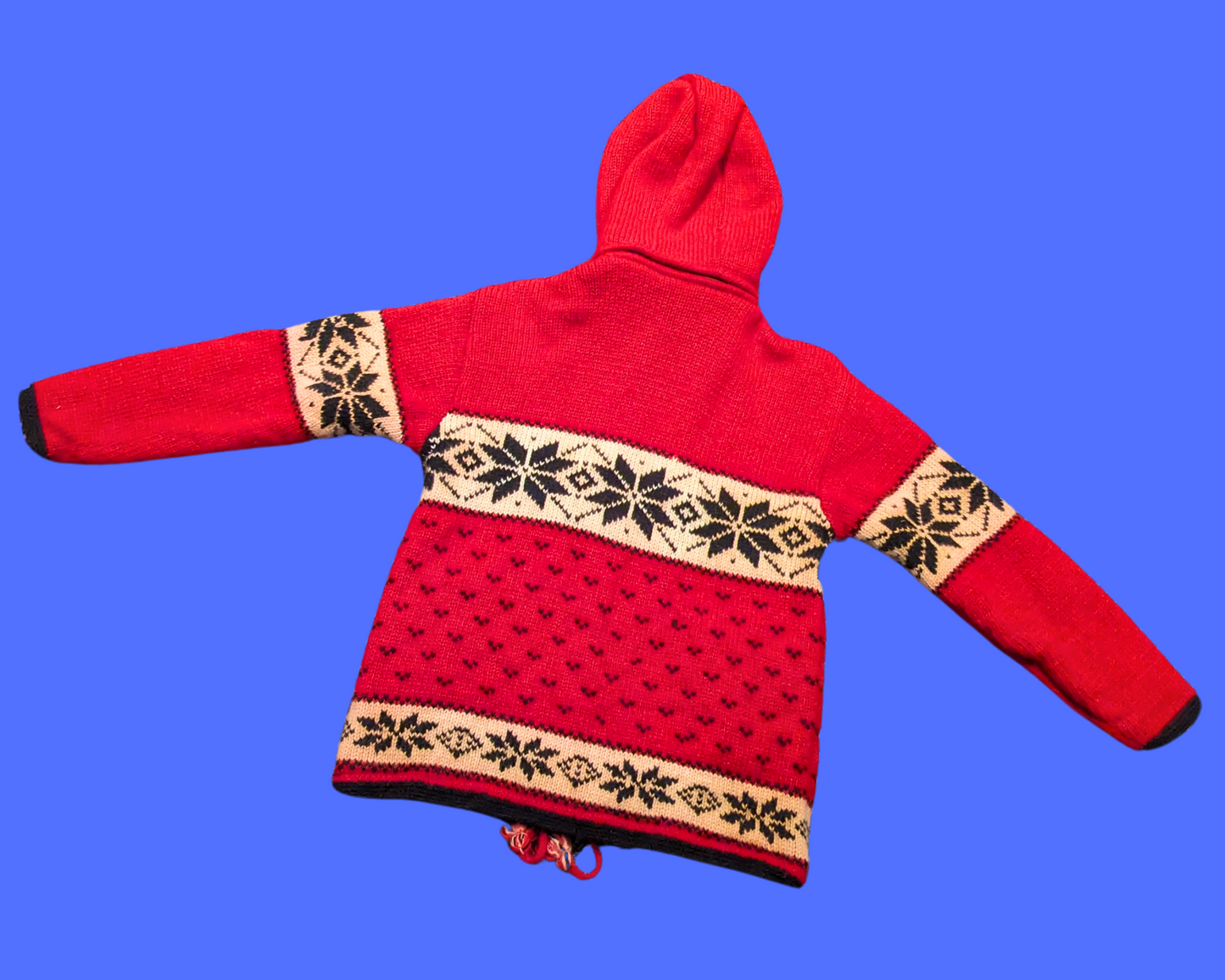 Vintage 1990's Handmade Alma Wool Knit Red and White Snow Flakes Hoodie Jacket Size L
