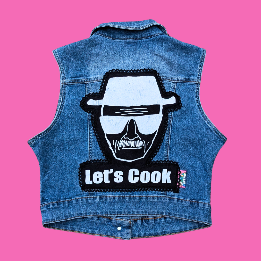 Breaking Bad ''Let's Cook'' Upcycled T-Shirt Sleeveless Denim Jacket Size L (Smaller Fit)