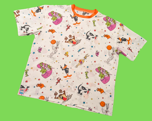 Handmade, Upcycled Vintage 1990's Space Jam Bedsheet T-Shirt Oversized XL
