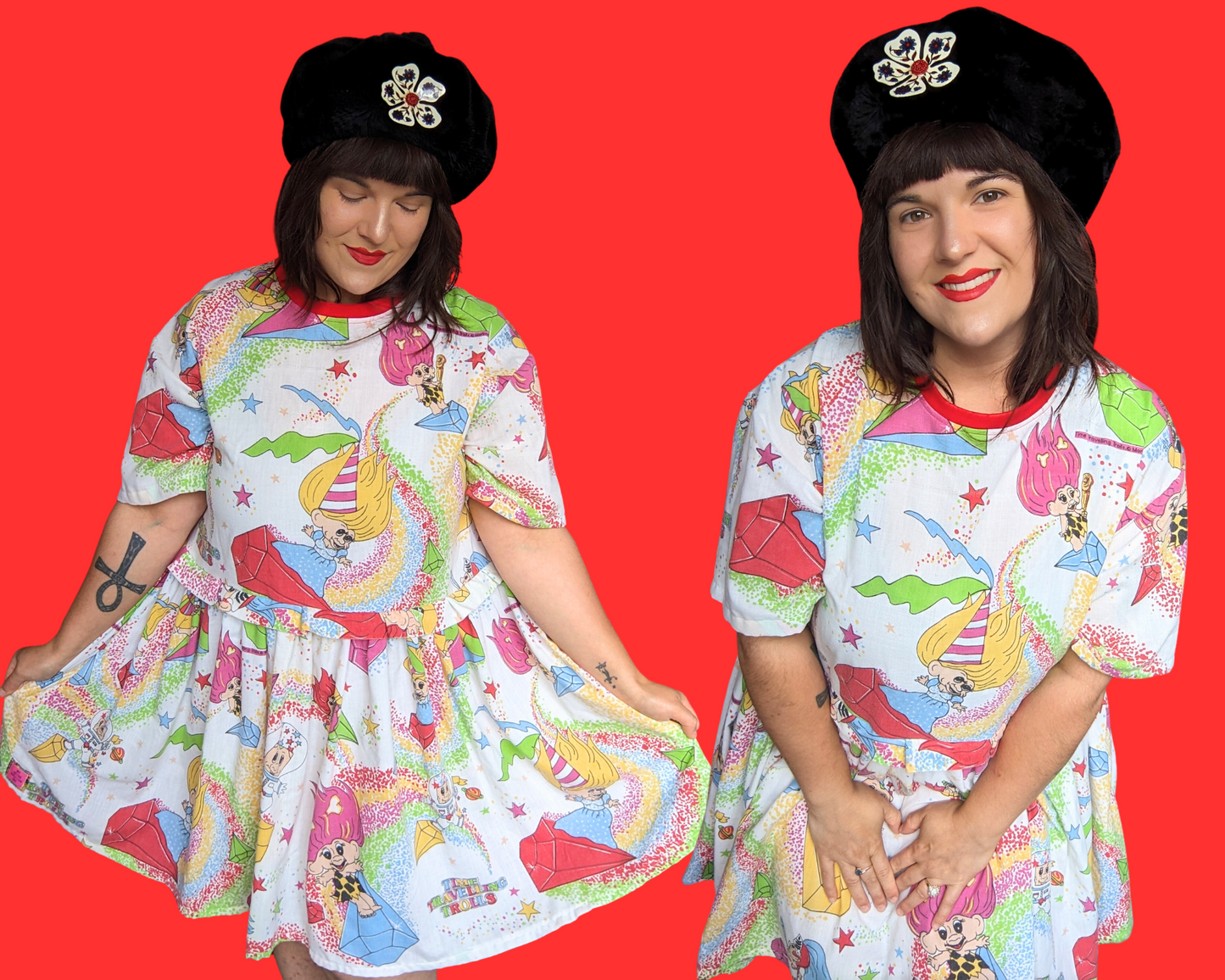 Handmade, Upcycled Vintage 1980's Time Traveling Trolls Bedsheet T-Shirt Dress Fits S-M-L-XL