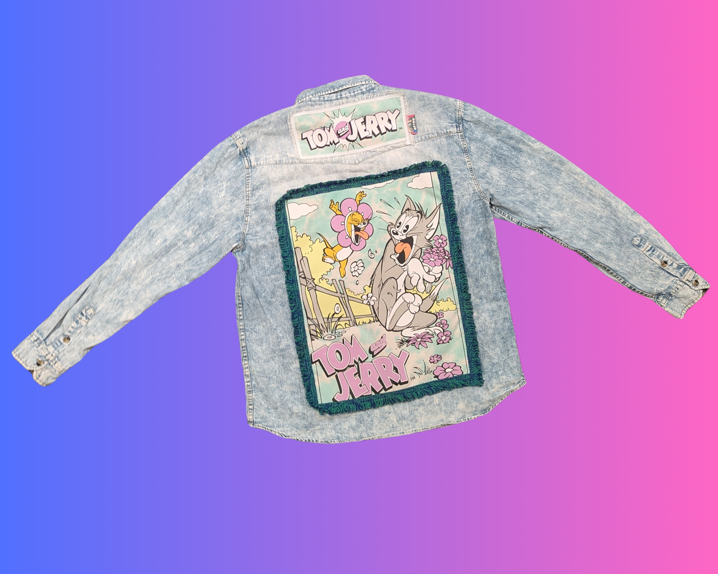 Handmade, Upcycled Tom and Jerry Denim Jacket/Shirt Size L