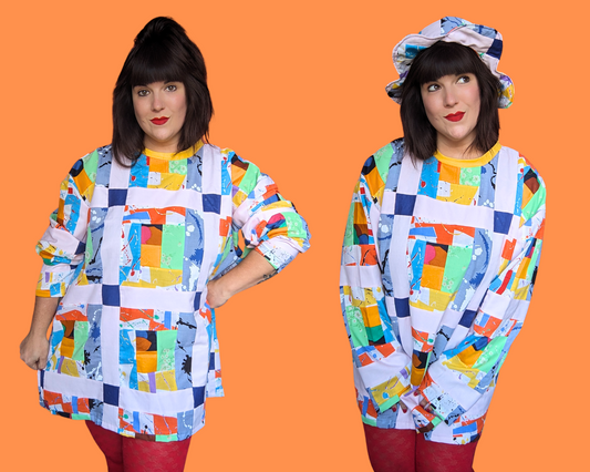 Handmade, Upcycled Quilt Sweater with Matching Flower Bucket Hat Oversized XL