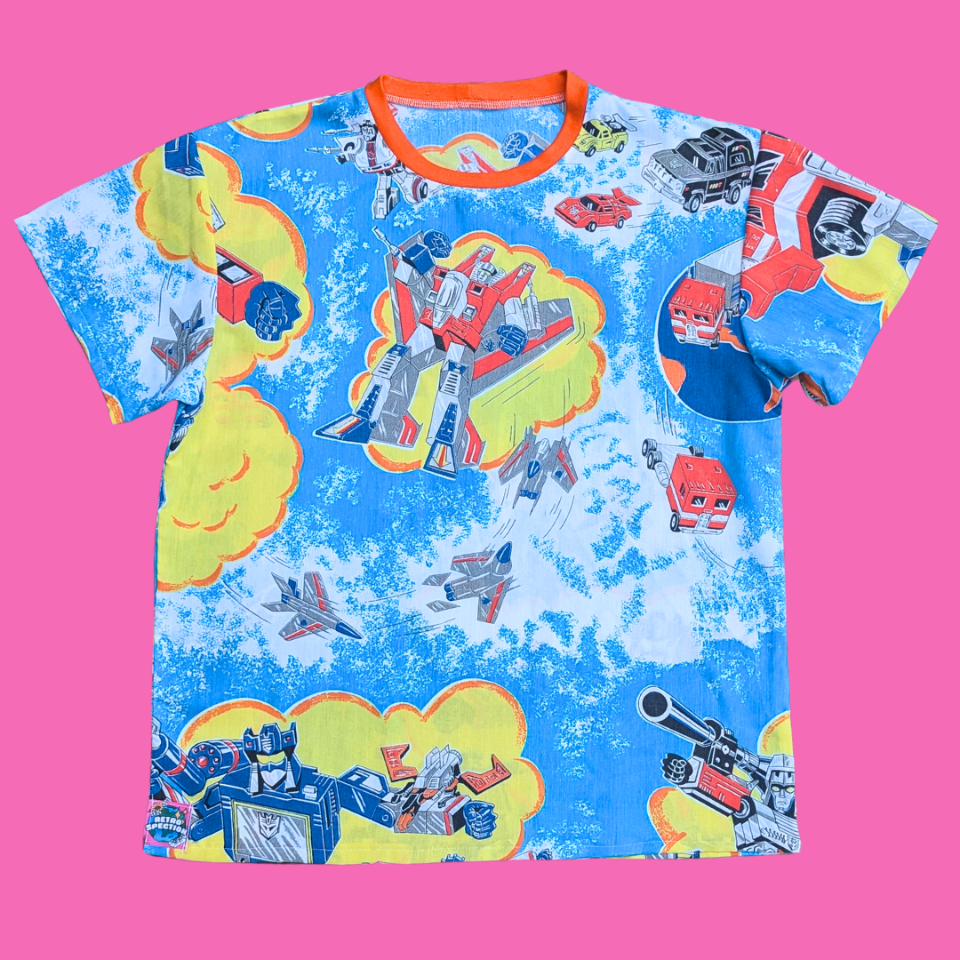Handmade, Upcycled Transformers Bedsheet T-Shirt Oversized S-M, Fitted L-XL