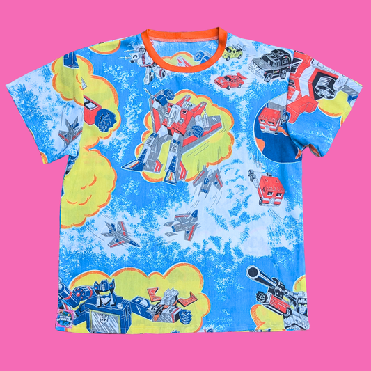 Handmade, Upcycled Transformers Bedsheet T-Shirt Oversized S-M, Fitted L-XL