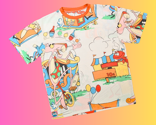 Handmade, Upcycled Vintage Pink Panther Bedsheet T-Shirt Oversized XS - Fits Like A Size M