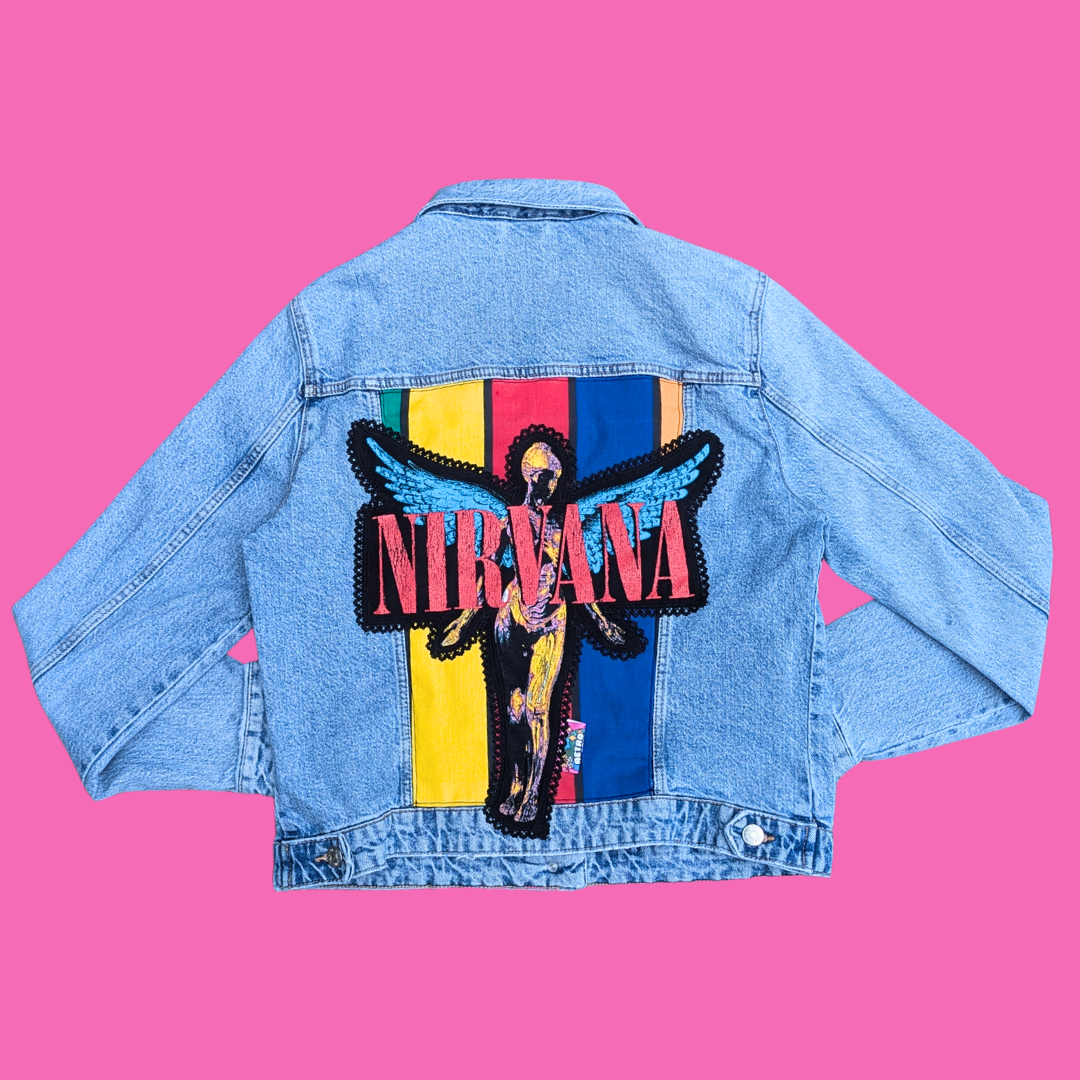 Nirvana Upcycled T-Shirt Denim Jacket Size L for Women