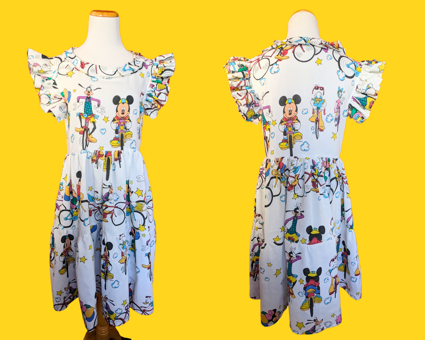 Handmade, Upcycled Vintage 1990's Walt Disney Mickey Mouse and Friends on Bicycles Bedsheet Dress Size S