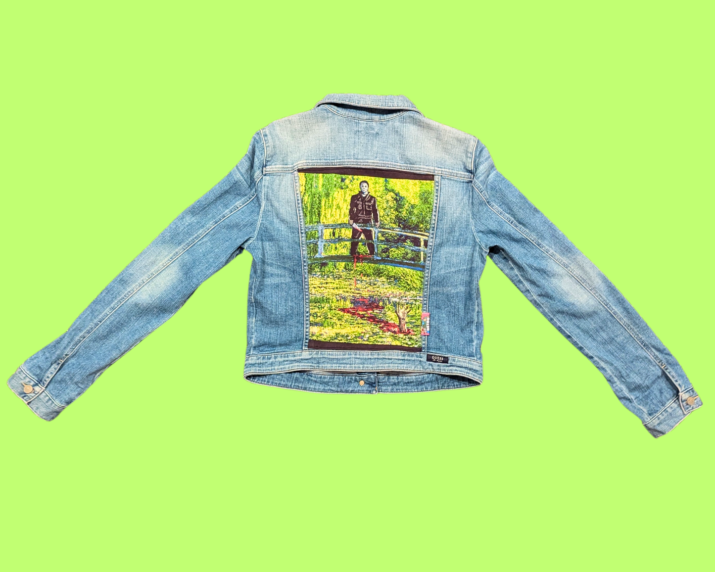 Handmade, Upcycled Denim Jacket with a Halloween, Michael Myers Meets Monet T-Shirt Size L for Women