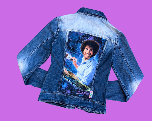 Handmade, Upcycled Bob Ross Denim Jacket Size XS