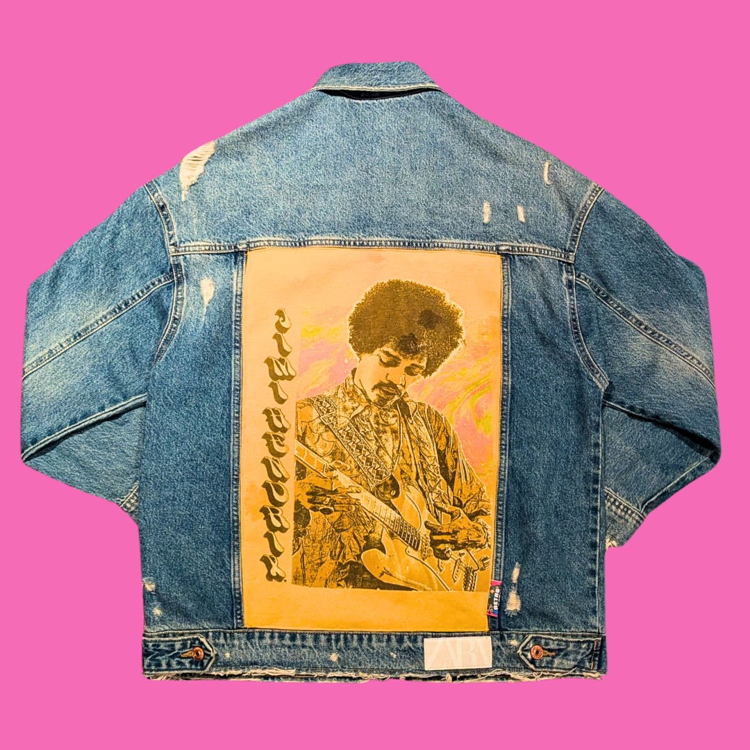 Jimi Hendrix Upcycled T-Shirt Denim Jacket Size M