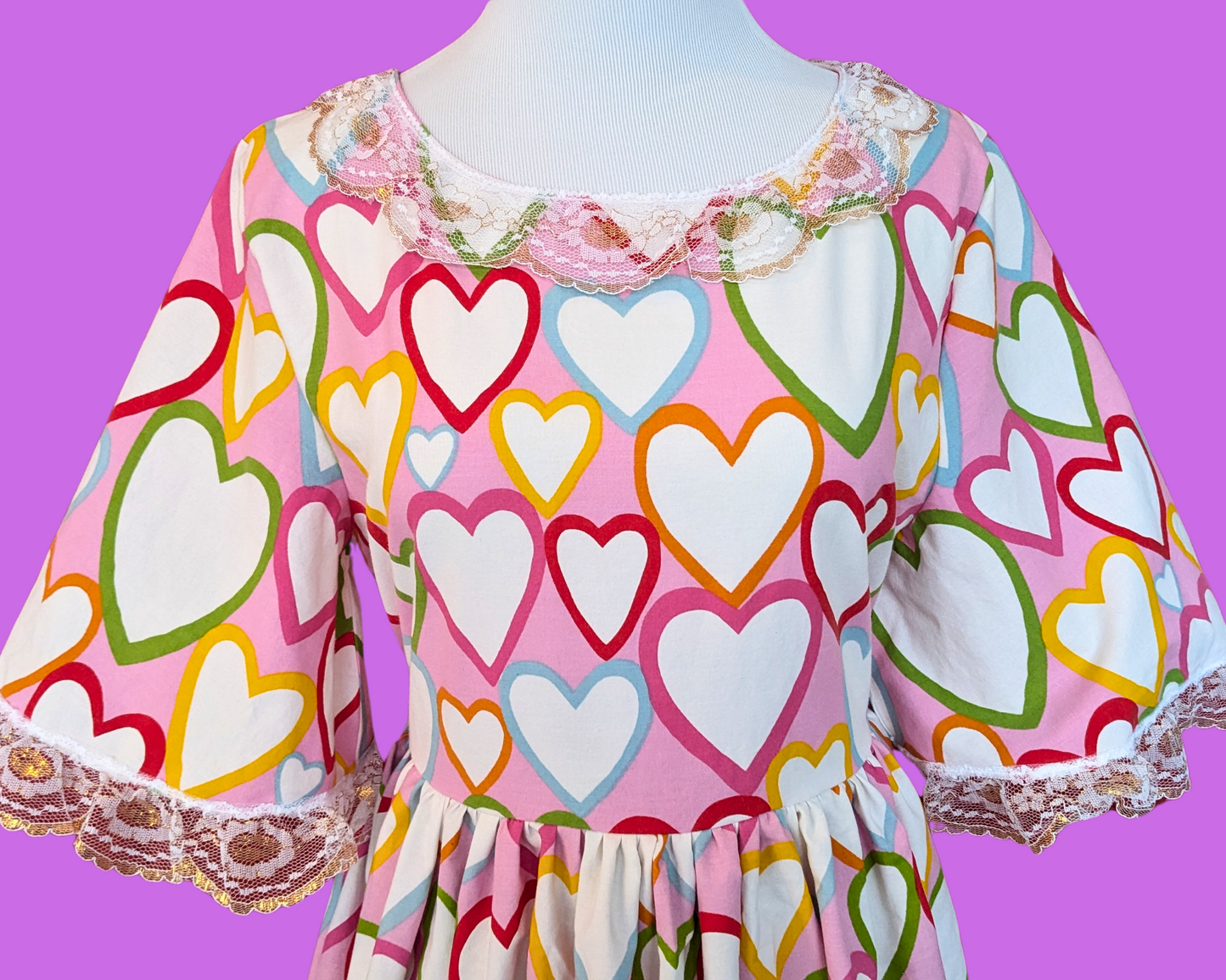 Handmade, Upcycled Rainbow Hearts Bedsheet Dress Fits Size S