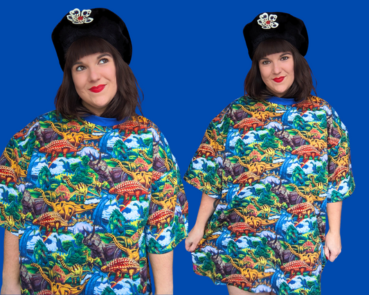 Handmade, Upcycled Dinosaurs Curtains T-Shirt Oversized XL