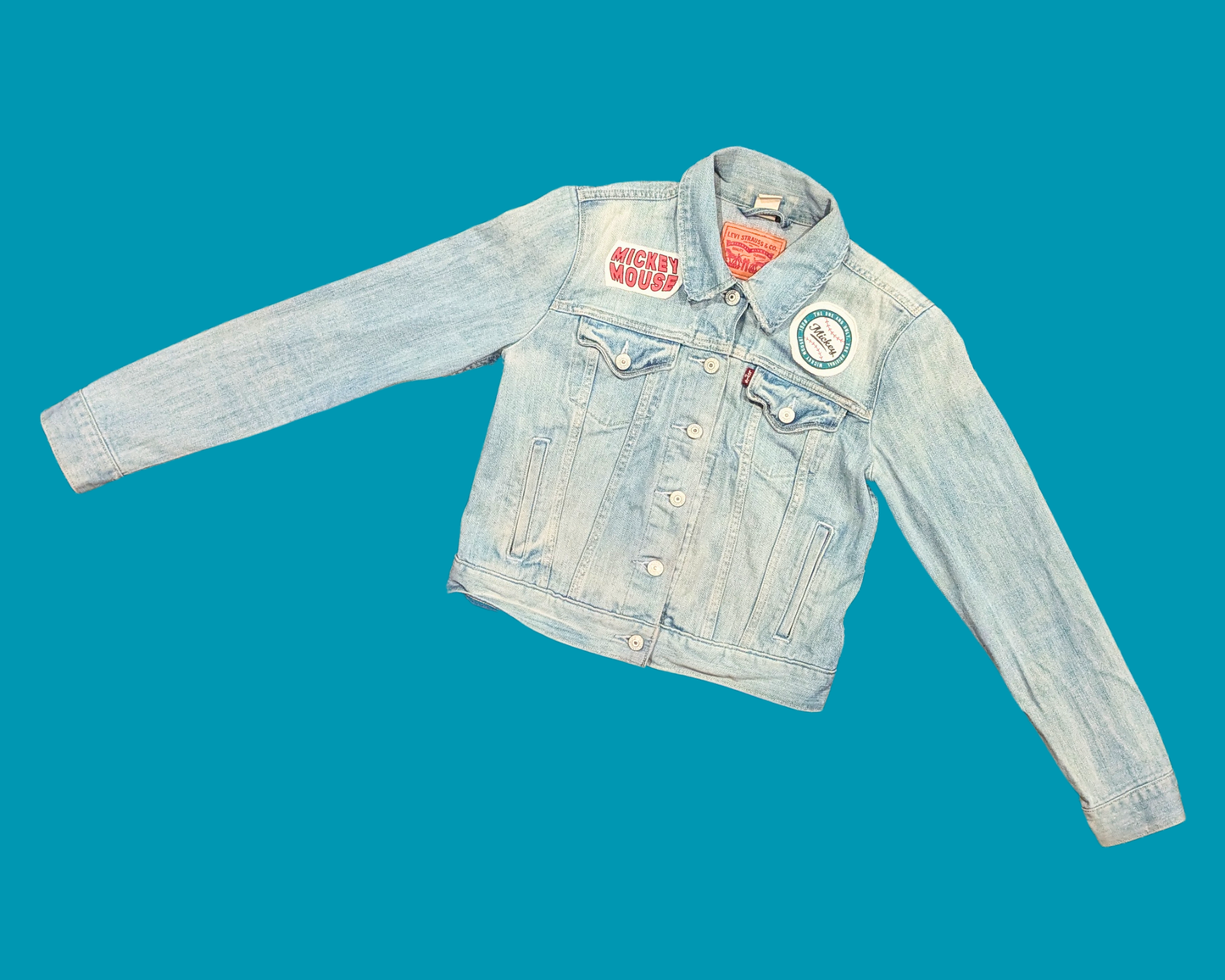 Handmade, Upcycled Denim Jacket with a Mickey Mouse Sweater Size M for Women