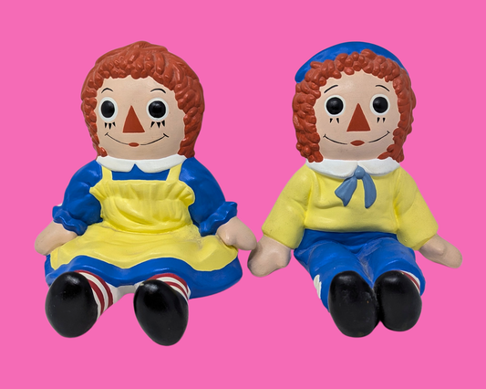 Serre-livres vintage des années 1980 en poterie Raggedy Ann et Andy, faits à la main