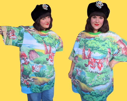 T-shirt surdimensionné XL, fait main et recyclé, motif animaux de la ferme, vintage des années 1990