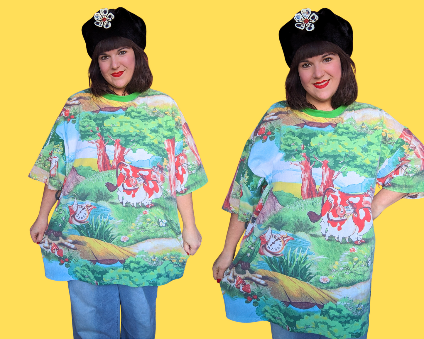 Handmade, Upcycled Vintage 1990's Farm Animals Bedsheet T-Shirt Oversized XL