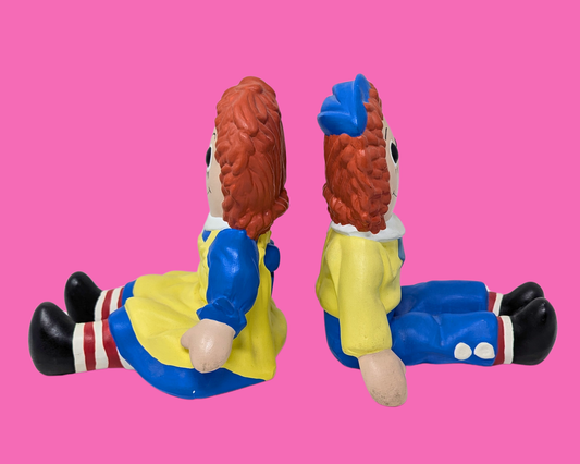 Serre-livres vintage des années 1980 en poterie Raggedy Ann et Andy, faits à la main