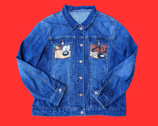 Handmade, Upcycled Cotton Denim Jacket with Looney Tunes Taz Bedsheet Fits Like A Size L-XL