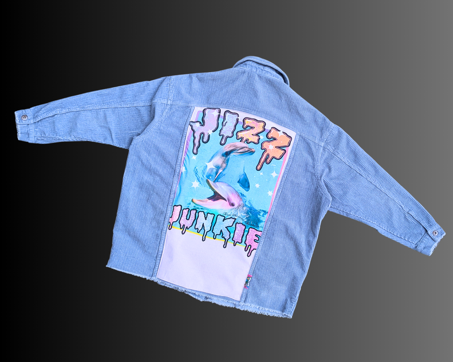 Handmade, Upcycled Blue Corduroy Jizz Junkie, Teen Hearts Clothing Co.Denim Jacket Size L