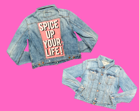 Handmade, Upcycled Denim Jacket with a Spice Girls ''Spice Up Your Life'' Tote Bag Size S for Women