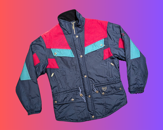 Veste d'hiver légère K-Way noire, verte et rouge vintage des années 1990, taille M