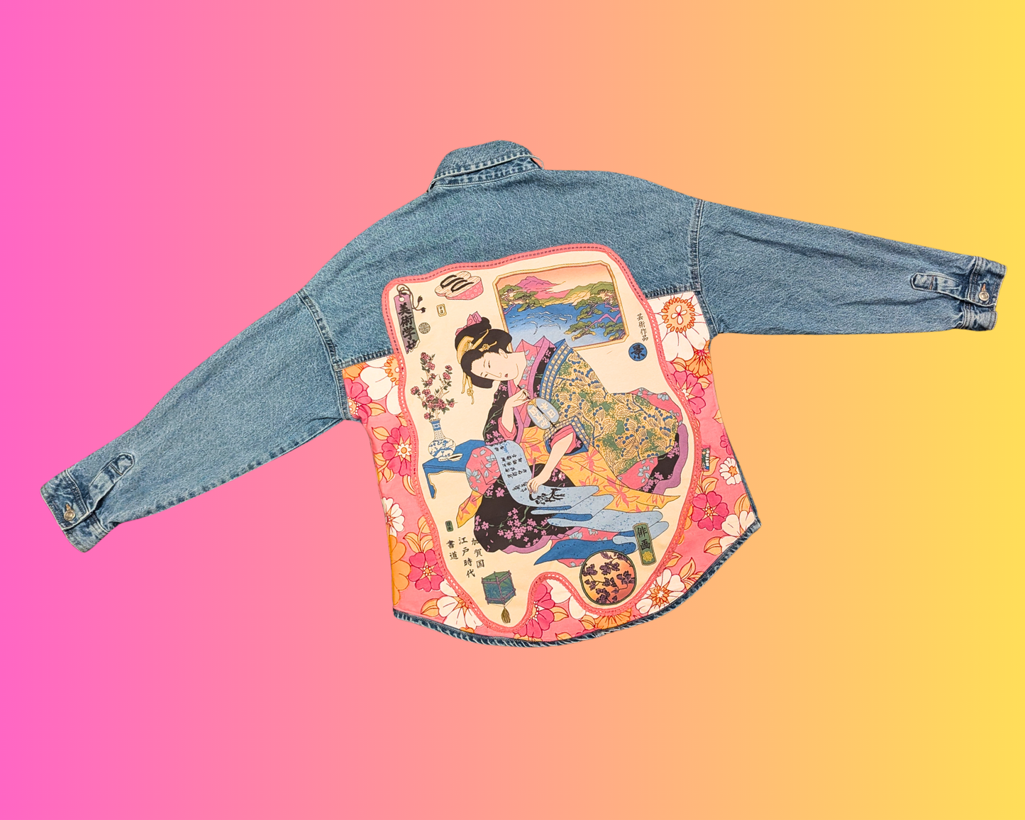 Veste en jean japonaise Geisha recyclée et faite à la main, taille M