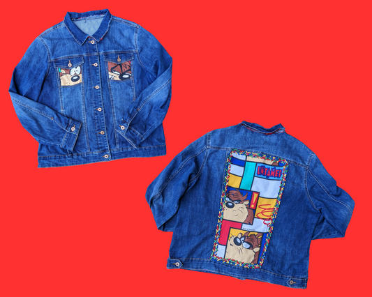 Handmade, Upcycled Cotton Denim Jacket with Looney Tunes Taz Bedsheet Fits Like A Size L-XL