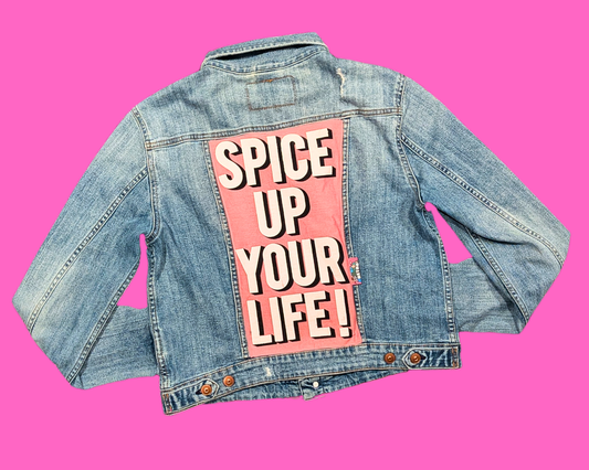 Handmade, Upcycled Denim Jacket with a Spice Girls ''Spice Up Your Life'' Tote Bag Size S for Women