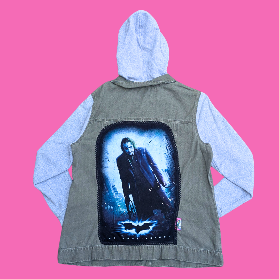 The Dark Knight, The Joker, Heath Ledger Upcycled T-Shirt Denim Jacket with Hoodie Size L