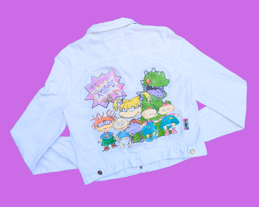 Handmade, Upcycled Rugrats White Denim Jacket Size L