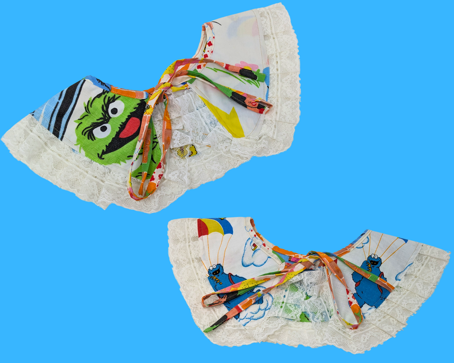 Handmade, Upcycled, Reversible Pilgrim Collar with Frill Made With Sesame Street Bedsheets