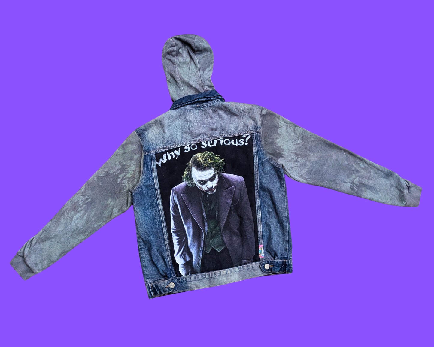 Handmade, Upcycled The Dark Knight, Heath Ledger Joker Denim Jacket with Hoodie Size S for Men (Oversized)