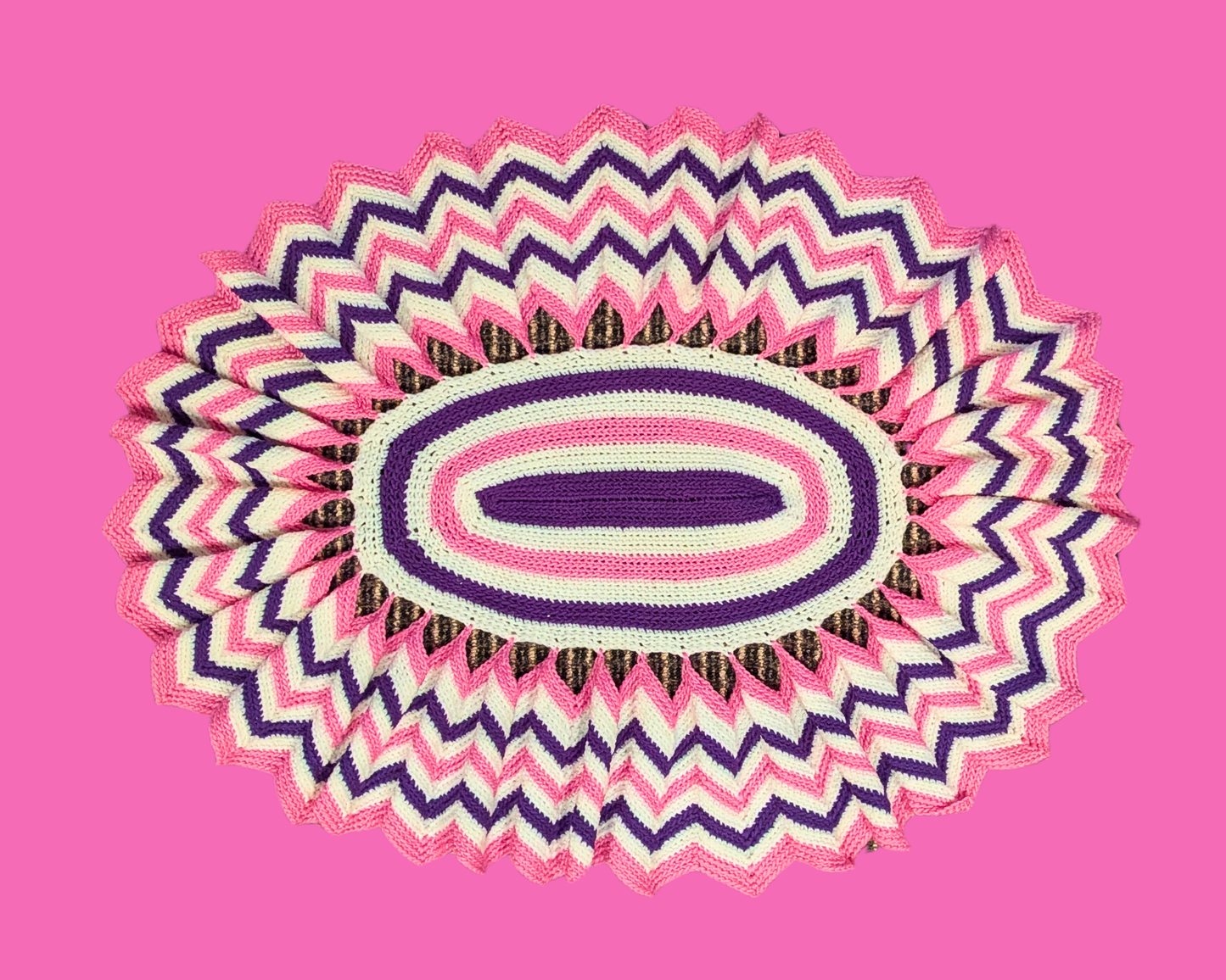 Vintage 1980's Pink, White and Purple Acrylic Crochet Rug