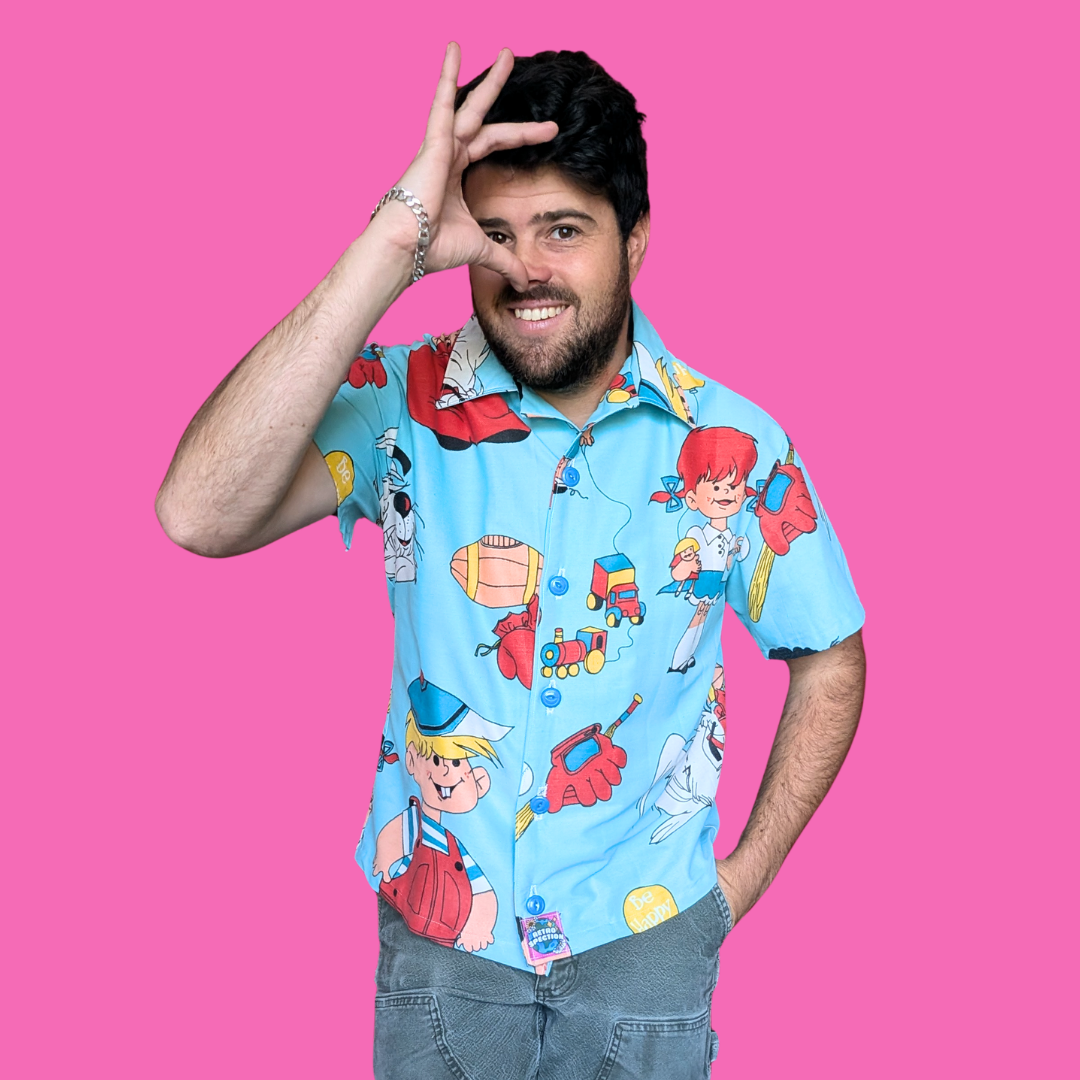 Handmade, Upcycled Denis The Menace Bedsheet Button Down Shirt Size M