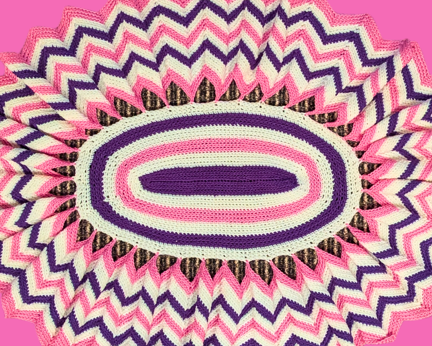 Vintage 1980's Pink, White and Purple Acrylic Crochet Rug