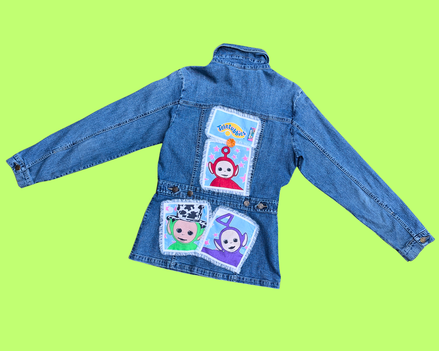 Veste en jean Teletubbies faite à la main et recyclée, taille S