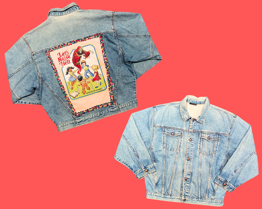 Handmade, Upcycled Denim Jacket with a Steven Rhodes ''Let's Raise Hell, Activities for Children'' T-Shirt Size  L for Men