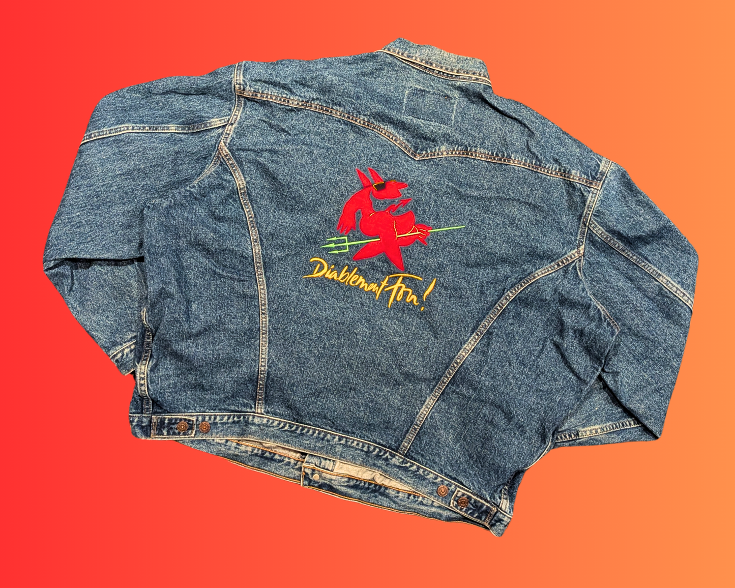Vintage 1990's Just for Laughs Embroidery, Juste Pour Rire, Diablement Fou ! Levis Denim Jacket 2XL