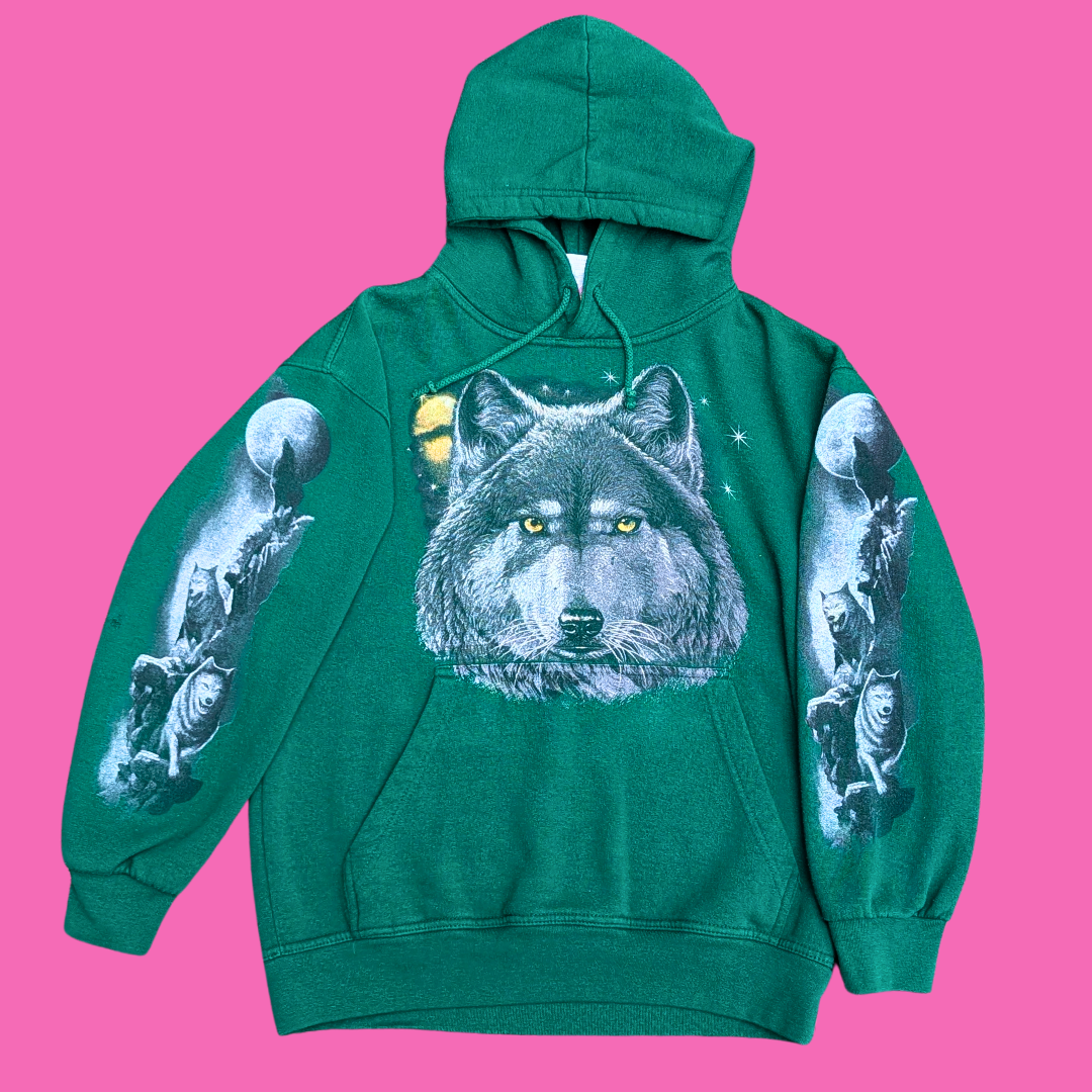Green Wolf Print Hoodie Size S