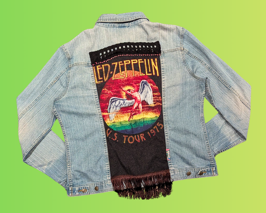 Veste en jean Led Zeppelin faite main et recyclée, taille L-XL