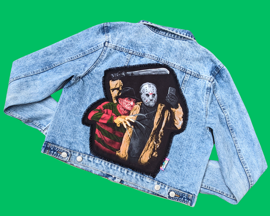 Handmade, Upcycled Jason and Freddy Taking a Selfie Denim Jacket Size L