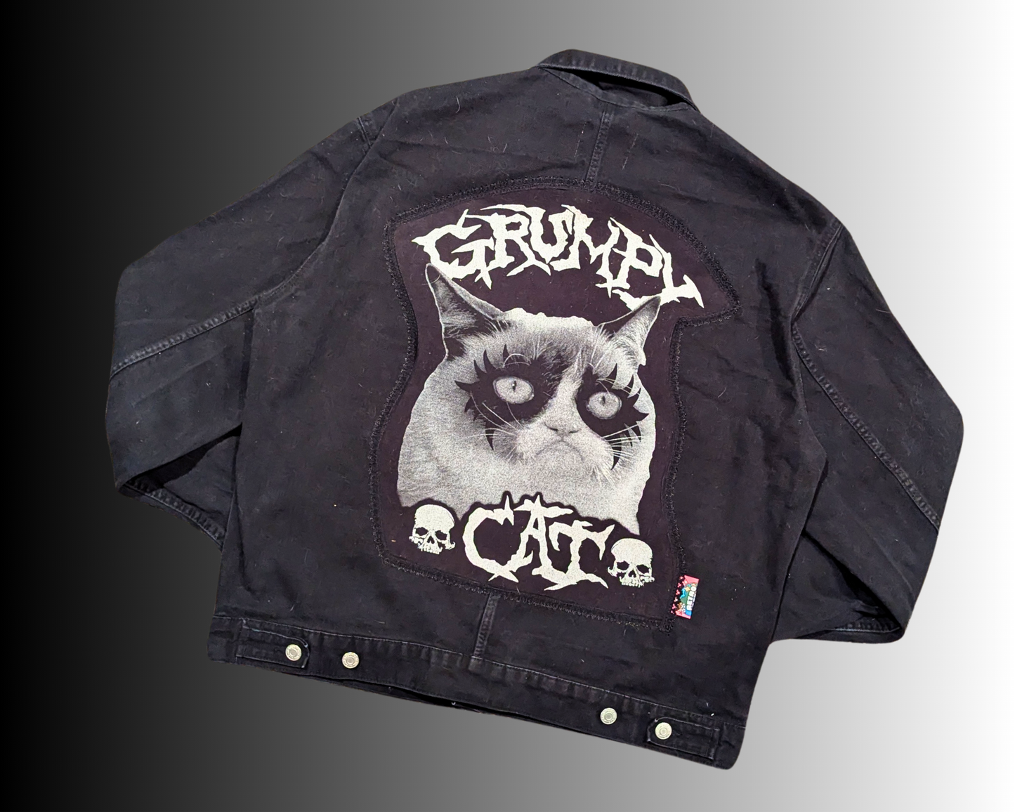 Handmade, Upcycled Black, Grumpy Cat Denim Jacket Size L