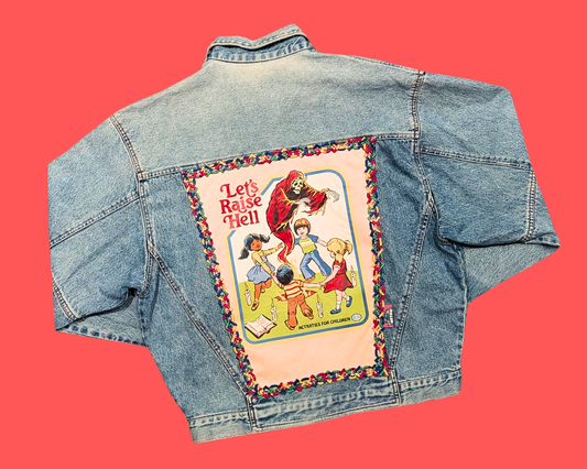 Handmade, Upcycled Denim Jacket with a Steven Rhodes ''Let's Raise Hell, Activities for Children'' T-Shirt Size  L for Men